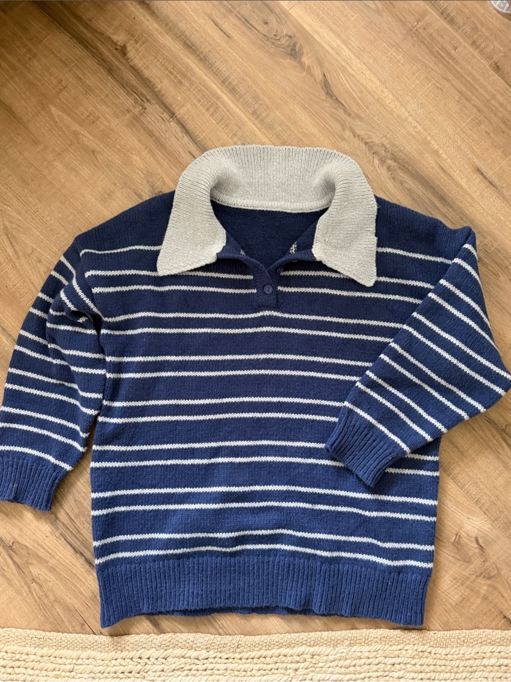 Navy and White Striped Collared Sweater